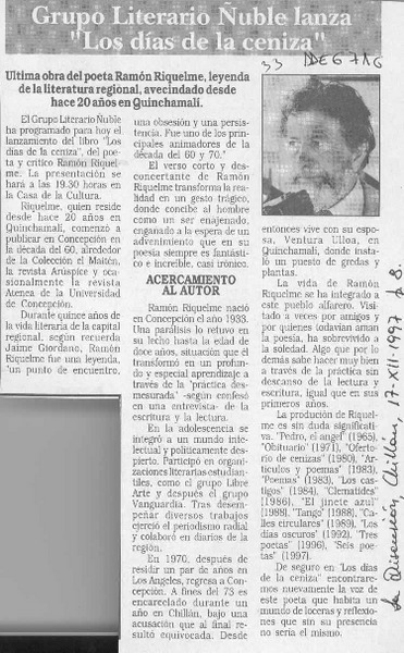 Grupo literario Ñuble lanza "Los días de la ceniza"  [artículo].