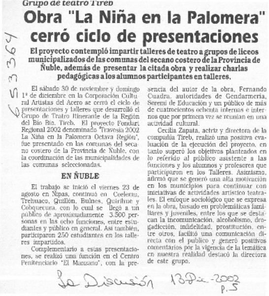 Obra "La niña en la palomera" cerró ciclo de presentaciones  [artículo]