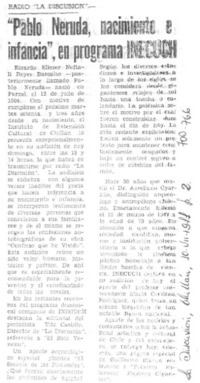 "Pablo Neruda, nacimiento e infancia", en programa INECUCH.