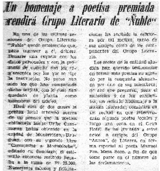 Un homenaje a poetisa premiada rendirá grupo literario de "Ñuble".