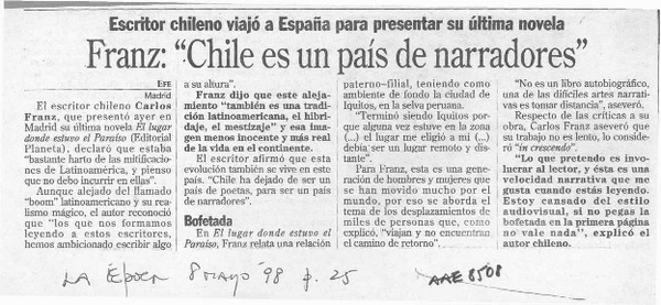 Franz, "Chile es un país de narradores"  [artículo].
