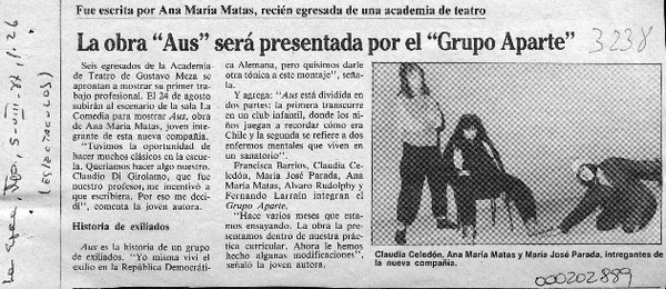 La Obra "Aus" será presentada por el "Grupo Aparte"  [artículo].