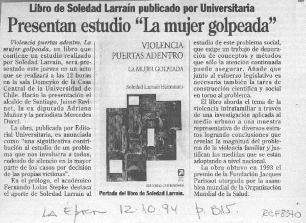 Presentan estudio "La mujer golpeada"  [artículo].