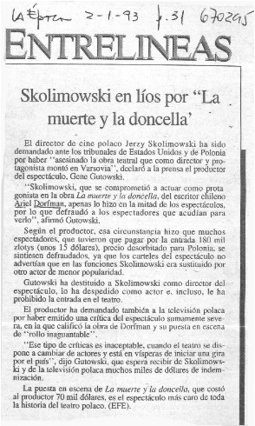Skolimowski en líos por "La muerte y la doncella"