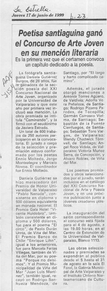 Poetisa santiaguina ganó el concurso de arte joven en su mención literaria  [artículo].