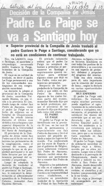 Padre Le Paige se va a Santiago hoy.
