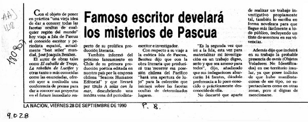 Famoso escritor develará los misterios de Pascua  [artículo].