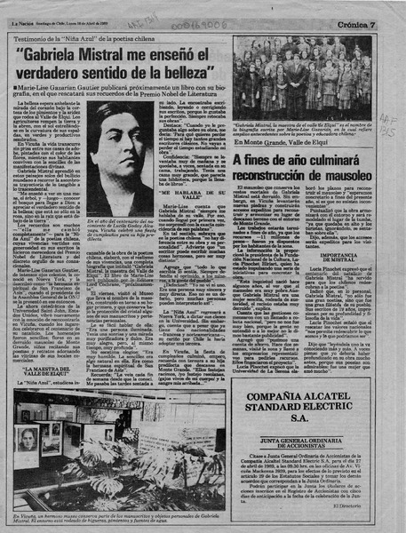 "Gabriela Mistral me enseñó el verdadero sentido de la belleza"  [artículo].