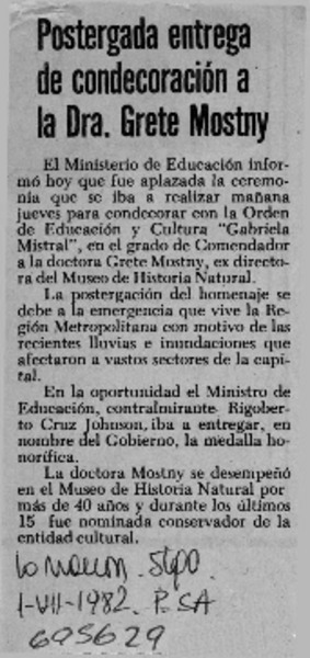 Postergada entrega de condecoración a la Dra. Grete Mostny
