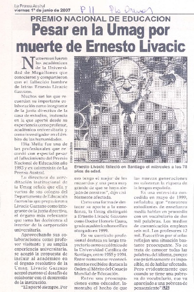 Pesar en la Umag por muerte de Ernesto Livacic