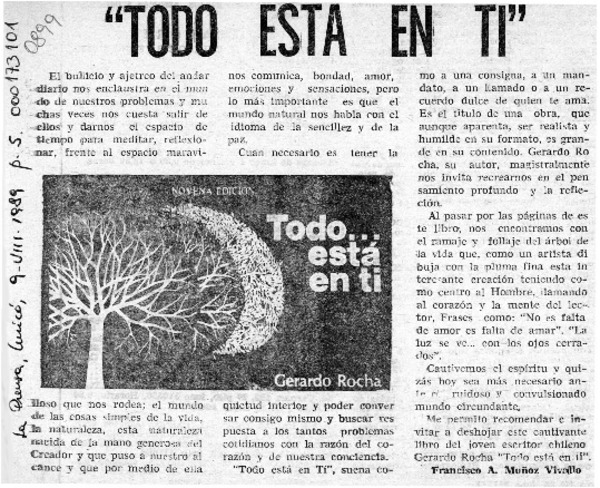 "Todo -- está en ti"  [artículo] Francisco A. Muñoz Vivallo.