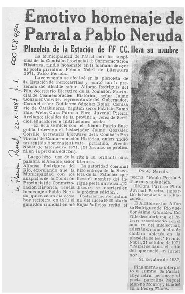 Emotivo homenaje de Parral a Pablo Neruda  [artículo].