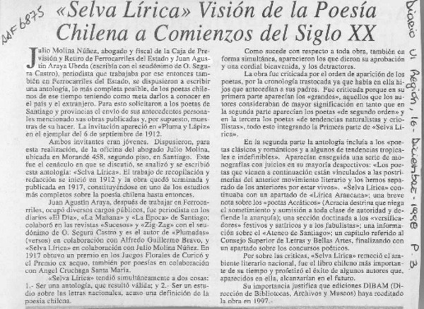 "Selva lírica" visión de la poesía chilena a comienzos del siglo XX  [artículo].