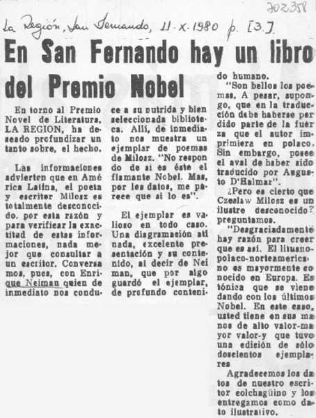 En San Fernando hay un libro del Premio Nobel.