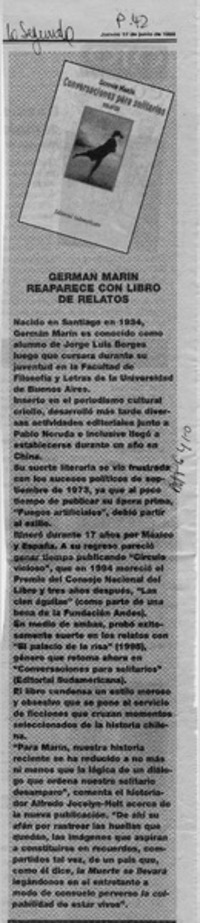 Germán Marín reaparece con libro de relatos  [artículo].