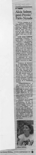 Alicia Salinas ganó Premio Pablo Neruda  [artículo].