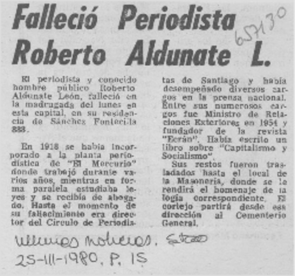 Falleció periodista Roberto Aldunate L.
