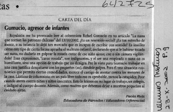 Gumucio, agresor de infantes  [artículo] Paola Ruiz
