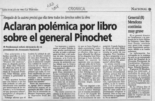 Aclaran polémica por libro sobre el general Pinochet  [artículo].