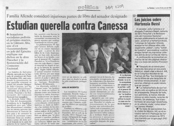 Estudian querella contra Canessa  [artículo].
