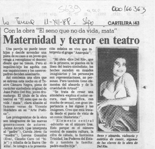 Maternidad y terror en teatro  [artículo].