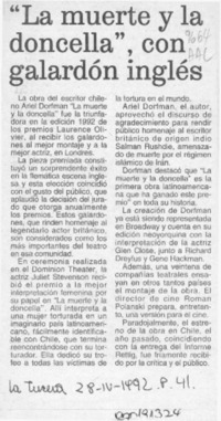 "La Muerte y la doncella", con galardón inglés  [artículo].