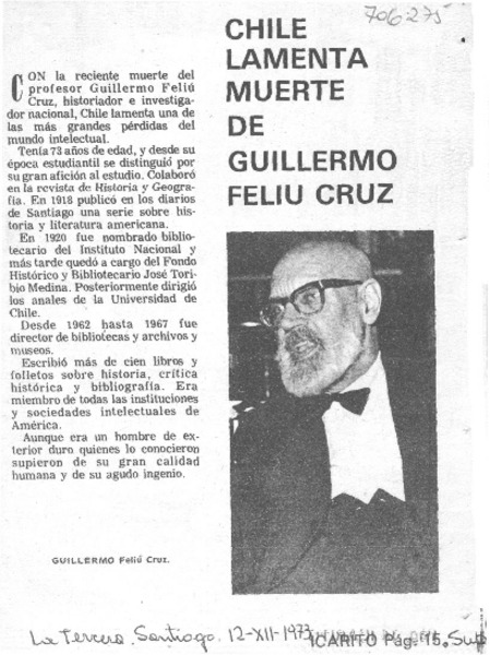 Chile lamenta muerte de Guillermo Feliú Cruz.