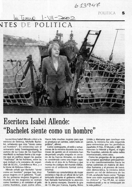 Escritora Isabel Allende, "Bachelet siente como un hombre"  [artículo]