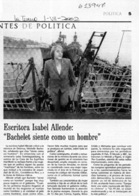 Escritora Isabel Allende, "Bachelet siente como un hombre"  [artículo]