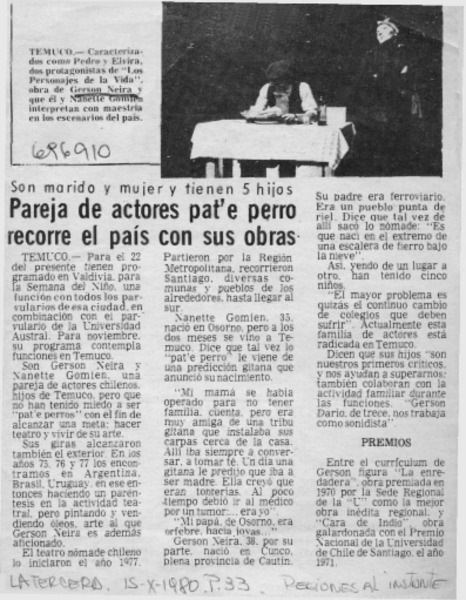 Pareja de actores pat'e perro recorre el país con sus obras.