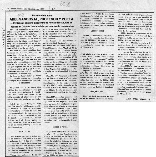 Abel Sandoval, profesor y poeta  [artículo] Luis Opazo González.