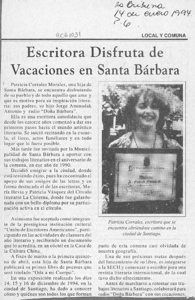 Escritora disfruta de vacaciones en Santa Bárbara  [artículo].