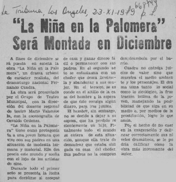 La niña en la palomera" será montada en diciembre.  [artículo]