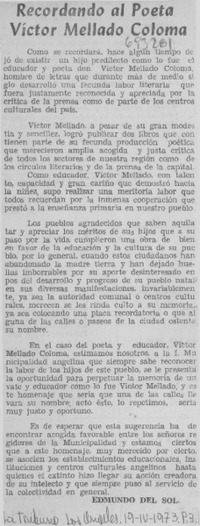 Recordando al poeta Víctor Mellado Coloma