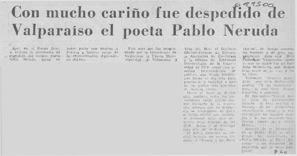 Con mucho cariño fue despedido de Valparaíso el poeta Pablo Neruda.