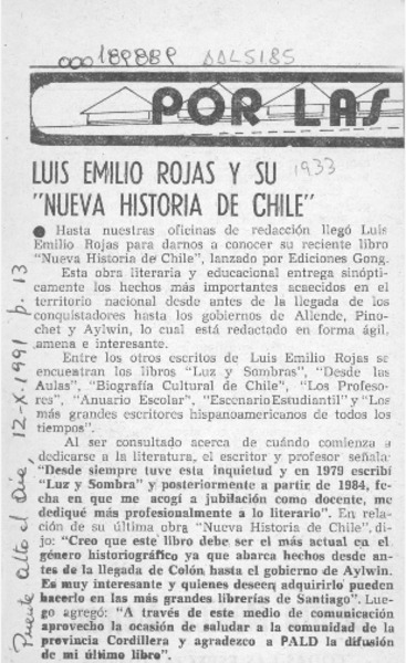 Luis Emilio Rojas y su "Nueva historia de Chile"  [artículo].