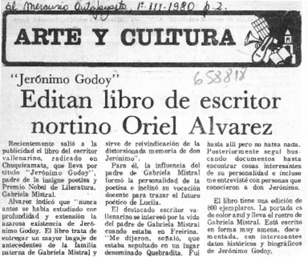 Editan libro de escritor nortino Oriel Alvarez.  [artículo]