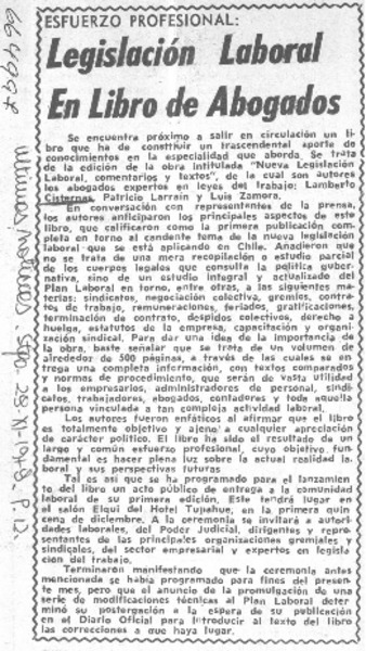 Legislación laboral en libro de abogados.  [artículo]