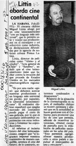 Littin aborda cine continental  [artículo].