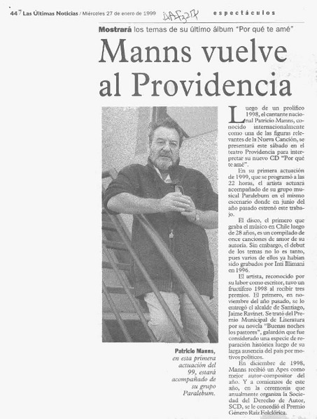 Manns vuelve al Providencia  [artículo].