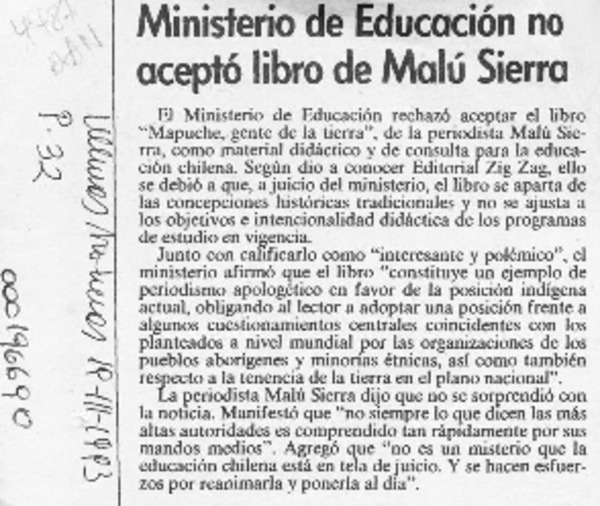 Ministerio de Educación no aceptó libro de Malú Sierra  [artículo].