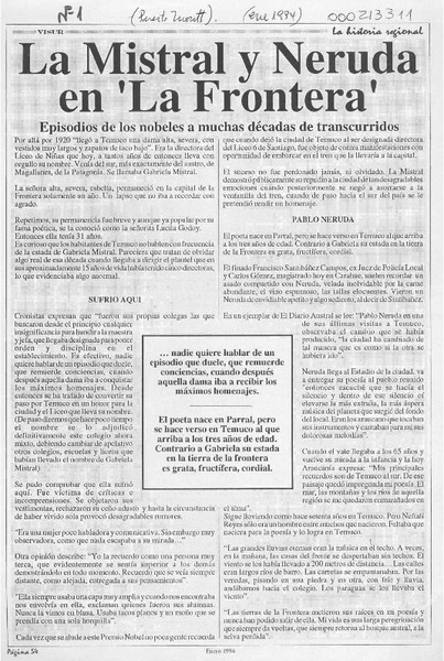 La Mistral y Neruda en "La Frontera"  [artículo].