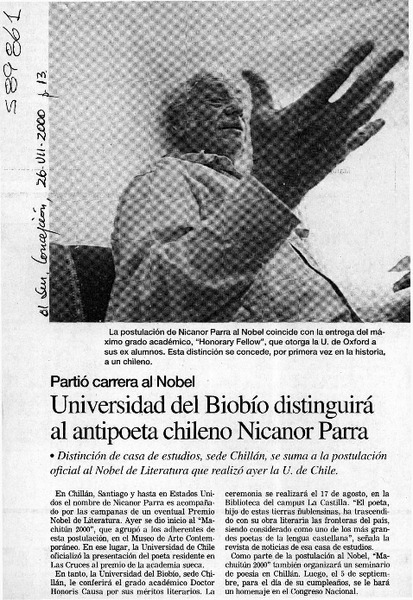 Universidad del Biobío distinguirá al antipoeta chileno Nicanor Parra  [artículo]