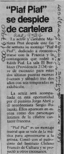 "Piaf Piaf" se despide de cartelera  [artículo].