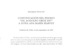 Comunicación del Premio "Dr. Rodolfo Oroz 2007" a doña Ana María Harvey Comunicación del Premio "Dr. Rodolfo Oroz 2007" a doña Ana María Harvey