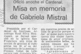Misa en memoria de Gabriela Mistral. Misa en memoria de Gabriela Mistral.