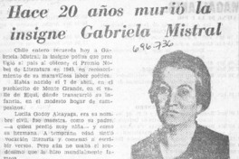 Hace 20 años murió la insigne Gabriela Mistral. Hace 20 años murió la insigne Gabriela Mistral.