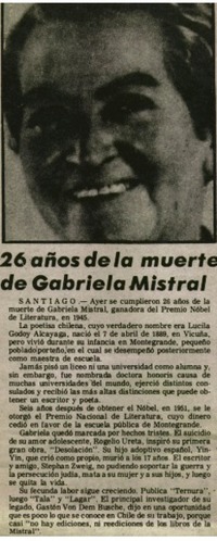 26 años de la muerte de Gabriela Mistral. 26 años de la muerte de Gabriela Mistral.