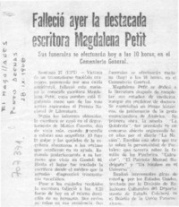 Falleció ayer la destacada escritora Magdalena Petit. Falleció ayer la destacada escritora Magdalena Petit.
