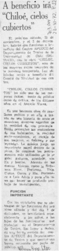 A beneficio irá "Chiloé, cielos cubiertos". A beneficio irá "Chiloé, cielos cubiertos".